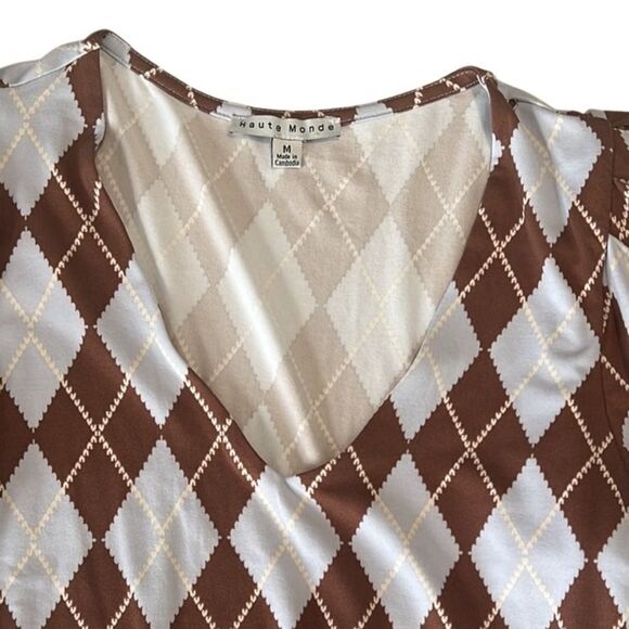 Haute Monde Brown and Light Blue Argyle Plaid Print Crop Top Size Medium NWT - Picture 5 of 11